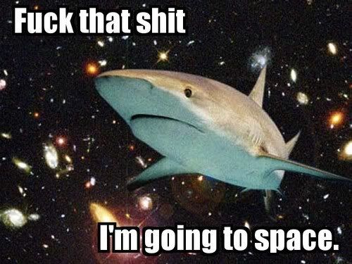 Photo montage d'un requin dans l'espace légendé "fuch this shit I'm going to space"