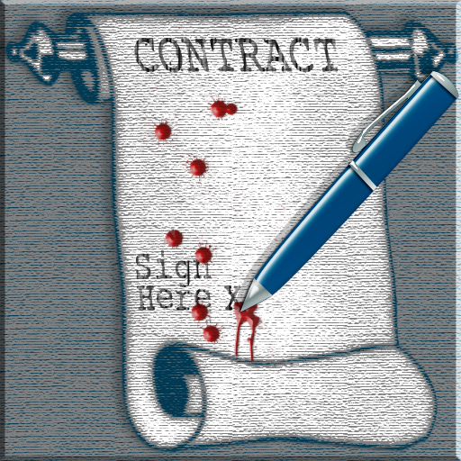 Dessin d'un contrat sous forme de parchemin signé avec du sang