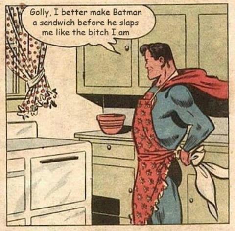 Parodie de superman qui se soucie de faire à manger pour batman