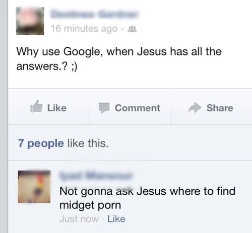 Capture d'écran d'une discussion en ligne sur le thême "pourquoi utiliser Google puisque Jesus à toutes les réponses"
