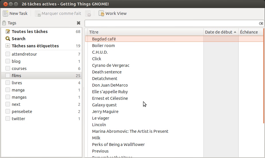 Capture d'écran du logiciel Getting Things Gnome