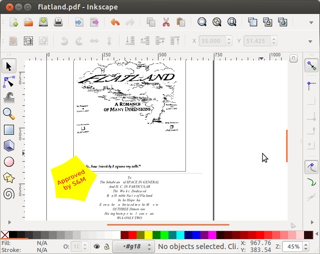 Capture d'écran du logiciel inkscape éditant le PDF du livre flatland