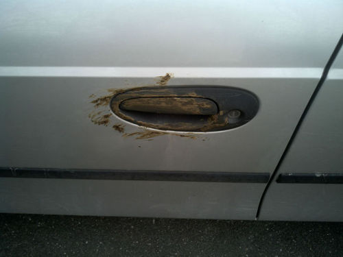 Photo d'un poignée de porte de voiture avec de la métière fécale dessus