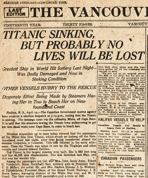 Première page d'un journal titrant "titanic sinking, but probably no lives will be lost"